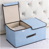 Kuber Industries Double Lid Foldable Storage Box|Toys Storage Bin|Wardrobe Organizer For Clothes|Front Handle & Stackable (Blue)